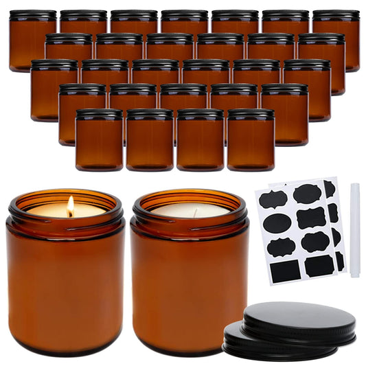 8oz Amber Candle Jars Set of 30,Round Glass Jars with Black Lids,Empty 250ml Glass Candle Making Jar Bulk Thick Small Food Storage Jar for Spice,Candy,Powder