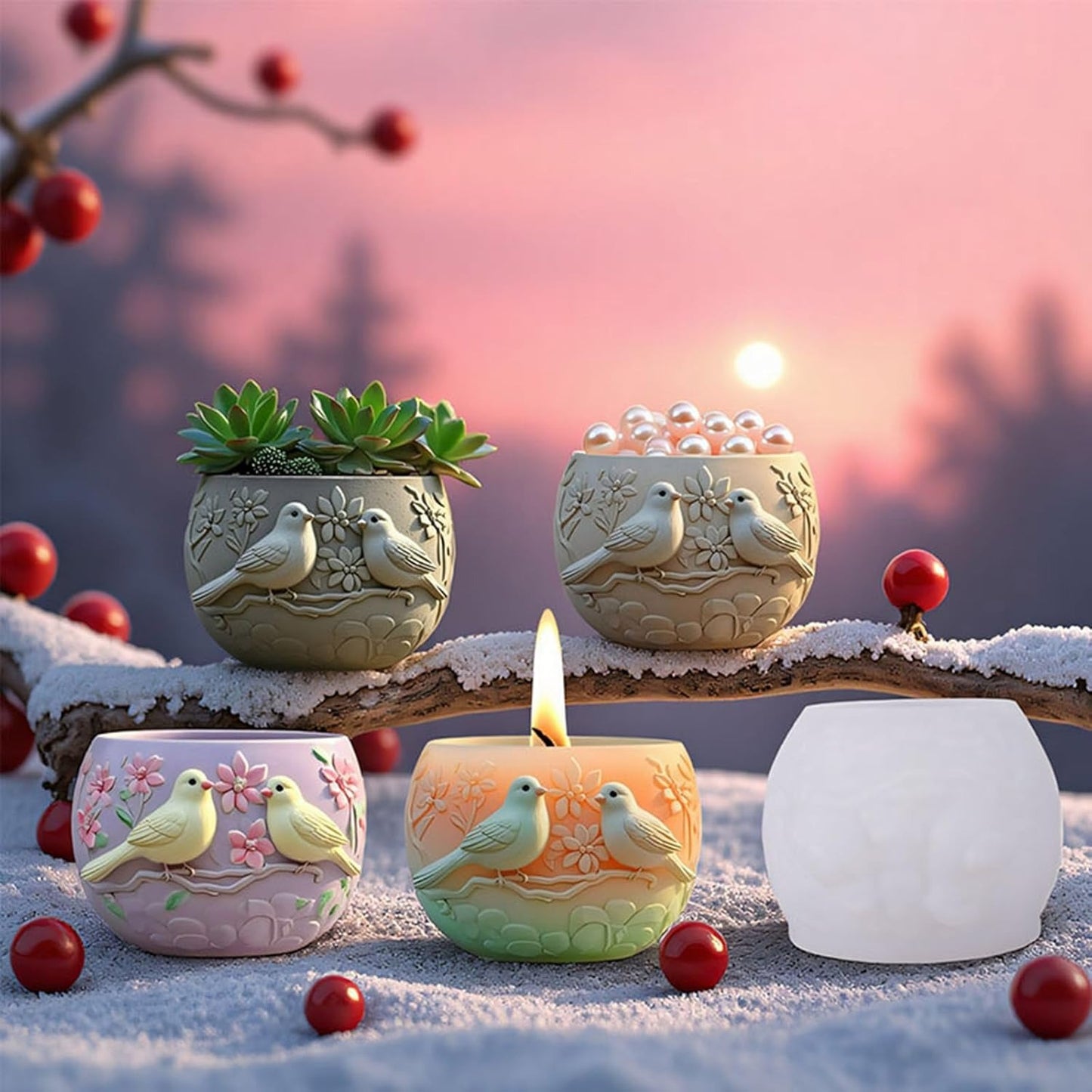 Lovebirds Silicone Mold | 9cm Pair Birds Candle Wax Planter Brush Holder