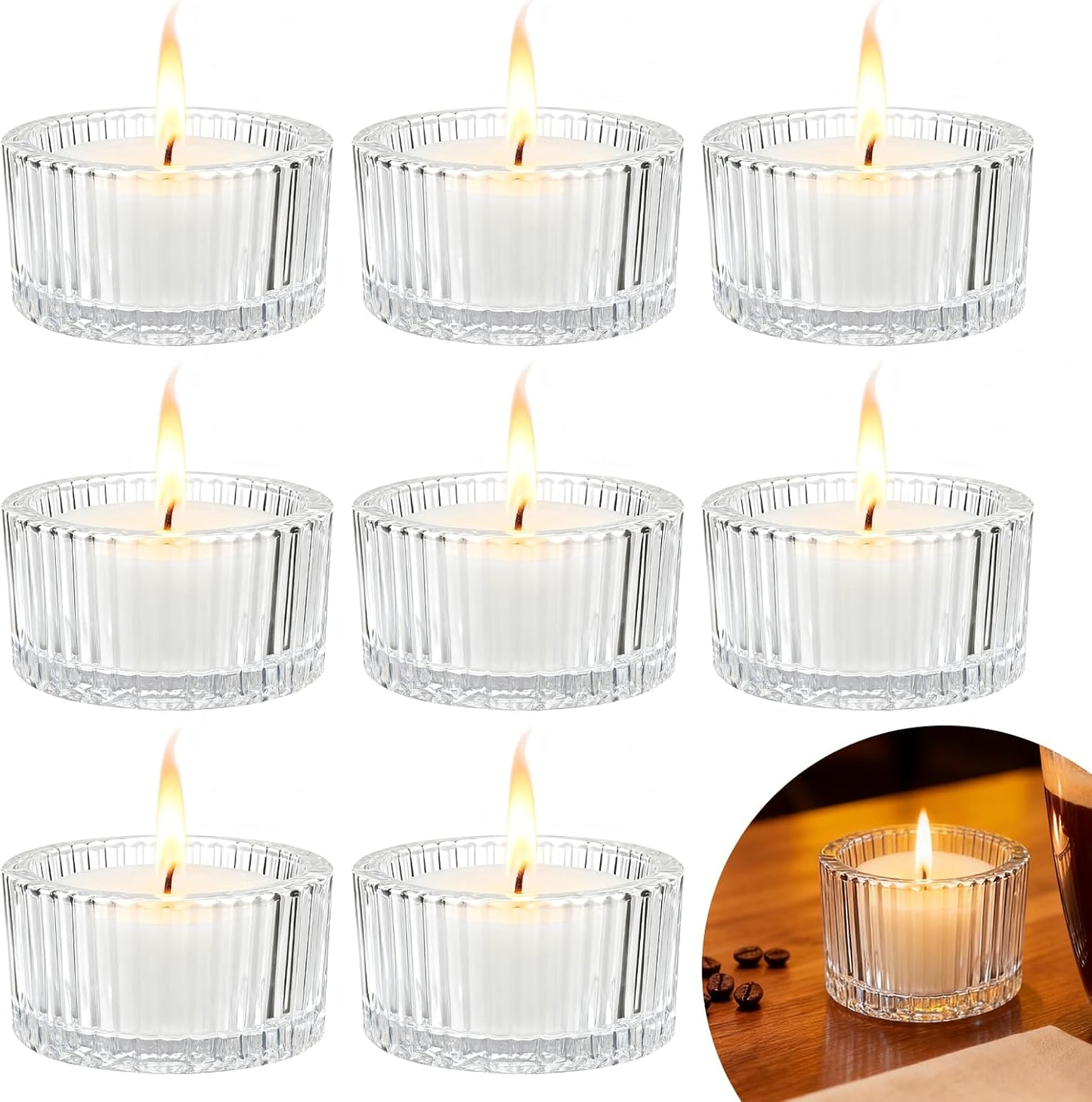 Product size diagram — ribbed glass tealight holder 4.9cm x 3.4cm, pack of 8