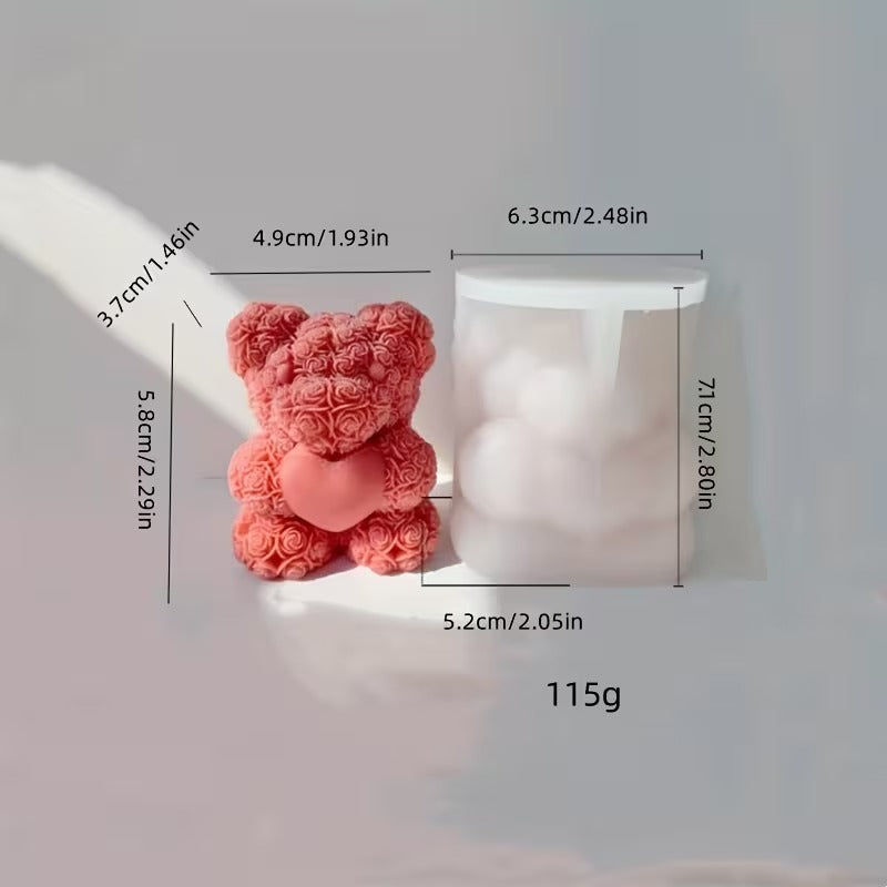 Rose Teddy Bear Silicone Candle Mould — 3D Flower Heart Bear Wax & Soap Cast (7.1cm)