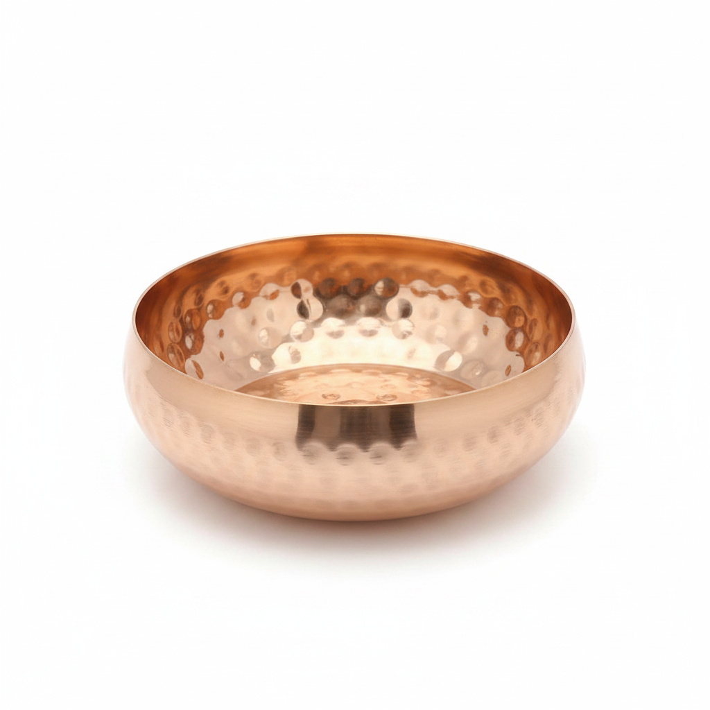 Hammered copper gold round bowl candle vessel, 8 inch, angled view