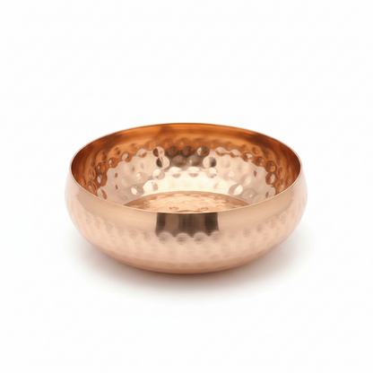 Hammered copper gold round bowl candle vessel, 8 inch, angled view