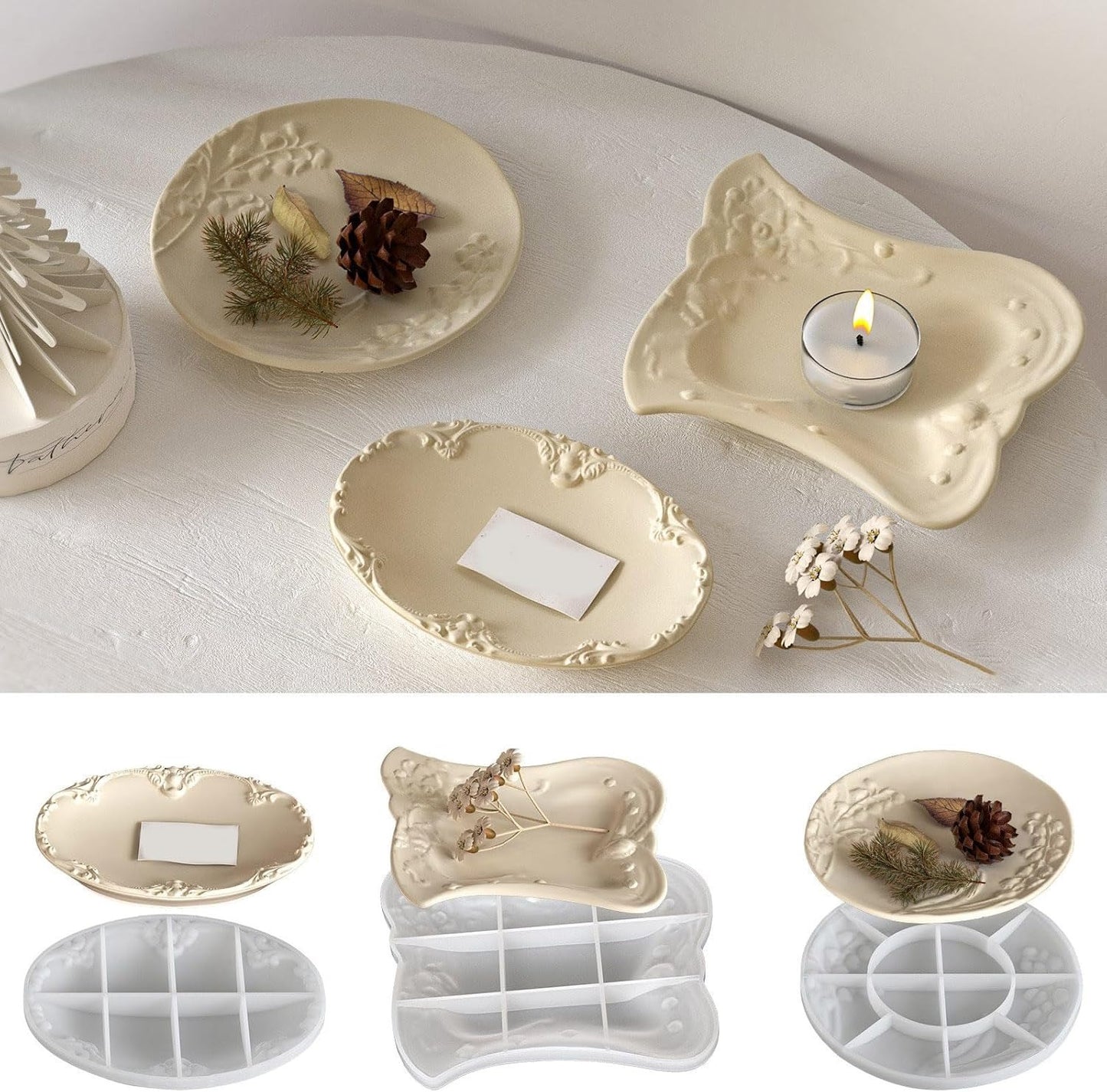 Finished cream vintage floral trays styled on a round table with oval, butterfly and round shapes
