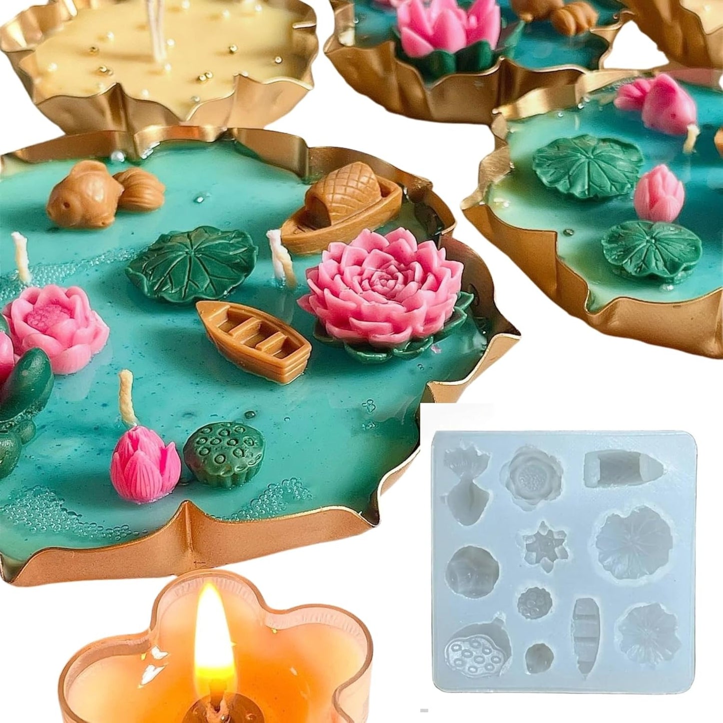 Lotus pond floating candle silicone mould kit showing finished candles with lotus flowers, lily pads and boats on marble surface