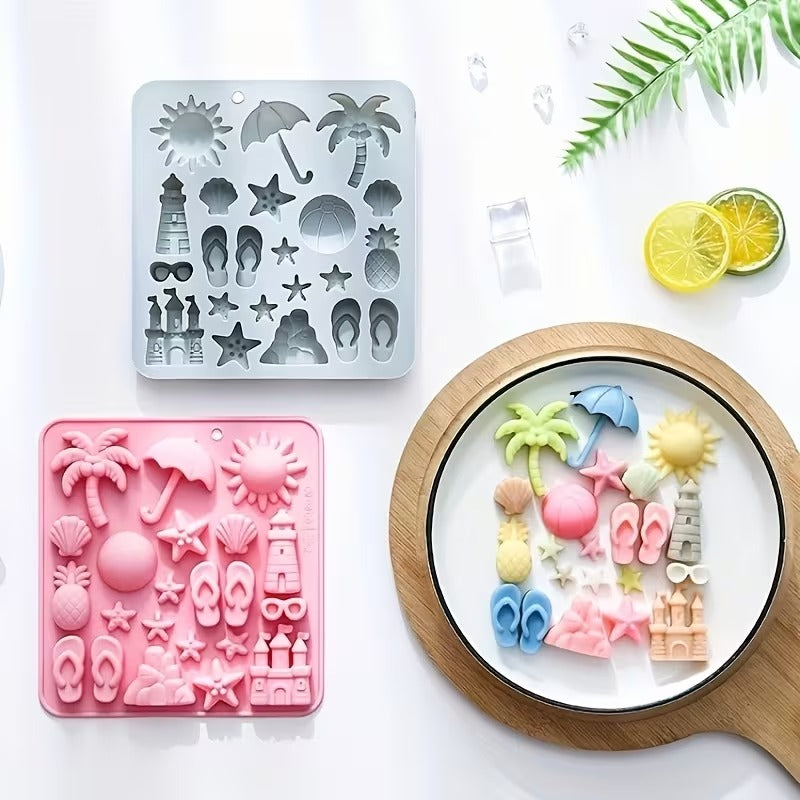 Grey and pink beach theme silicone moulds with colourful finished pieces on a wooden board