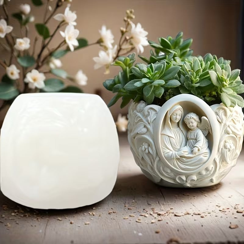 Madonna and Angel silicone mold 9.5cm — religious flower vase wax planter mold