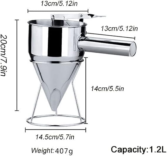 Pancake Batter Dispenser with Handle & Rack I Stainless Steel Octopus Ball Funnel I Heavy Duty Baking Tool I Maker for Cupcakes, Crepes, Muffin, Waffles, Chocolate balls or Any Baked Goods