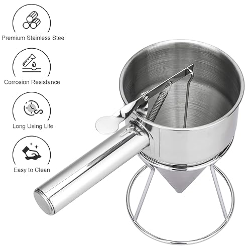 Pancake Batter Dispenser with Handle & Rack I Stainless Steel Octopus Ball Funnel I Heavy Duty Baking Tool I Maker for Cupcakes, Crepes, Muffin, Waffles, Chocolate balls or Any Baked Goods