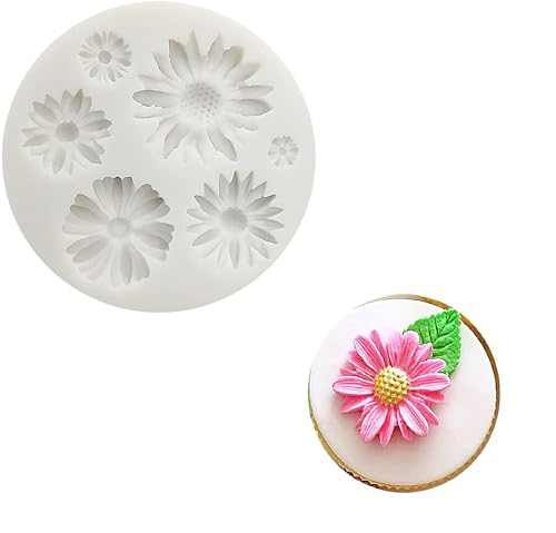 Daisy Flower Chocolate Fondant Mold I 3D Different Size Flowers Silicone Cupcake Mould I for DIY Handmade Sugarcraft Cake Décor Polymer Candy Cookies Muffin Soap Resin Wax Making - 6 Cavity