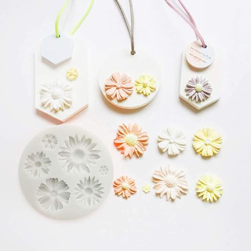 Daisy Flower Chocolate Fondant Mold I 3D Different Size Flowers Silicone Cupcake Mould I for DIY Handmade Sugarcraft Cake Décor Polymer Candy Cookies Muffin Soap Resin Wax Making - 6 Cavity