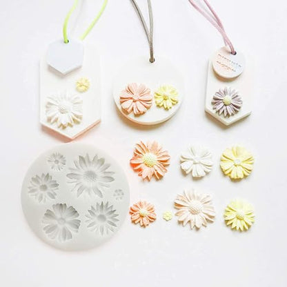 Daisy Flower Chocolate Fondant Mold I 3D Different Size Flowers Silicone Cupcake Mould I for DIY Handmade Sugarcraft Cake Décor Polymer Candy Cookies Muffin Soap Resin Wax Making - 6 Cavity