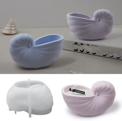 White nautilus shell bowl silicone mould with dimensions 130x74x81mm and finished lavender shell bowl inset