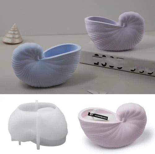 White nautilus shell bowl silicone mould with dimensions 130x74x81mm and finished lavender shell bowl inset