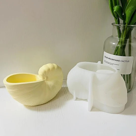 Cream nautilus shell bowl beside white silicone mould and plant on a white surface