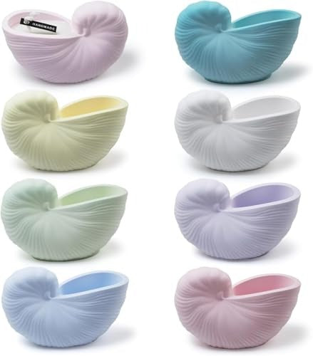 8 finished nautilus shell bowls in pastel colours: lavender, blue, green, yellow, white, mint, purple and pink