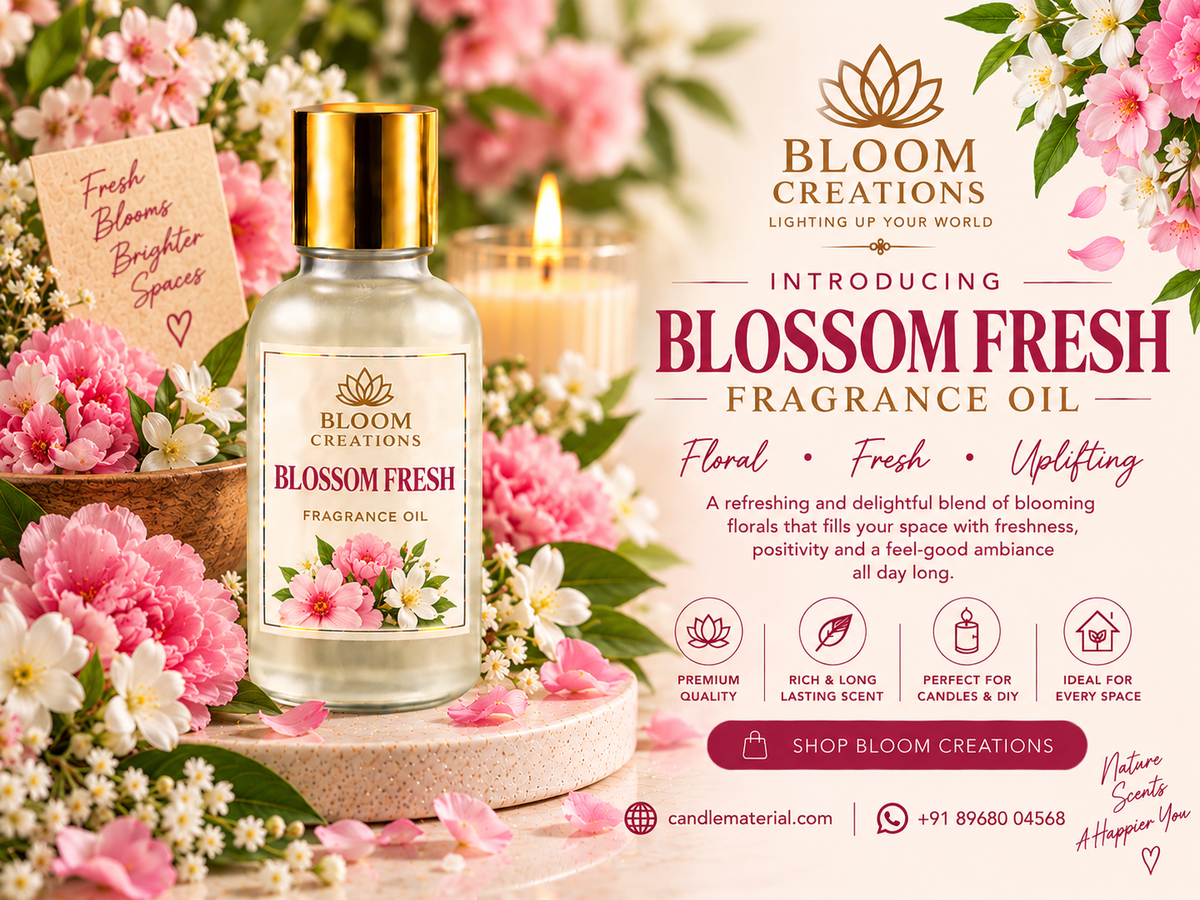 Bloom Creations Blossom Fresh Fragrance Oil promotional banner with a gold-capped bottle, pink and white blossoms and a lit candle.