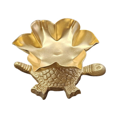 Gold lotus flower candle and diya holder on tortoise base — iron decorative bowl for Diwali and pooja décor
