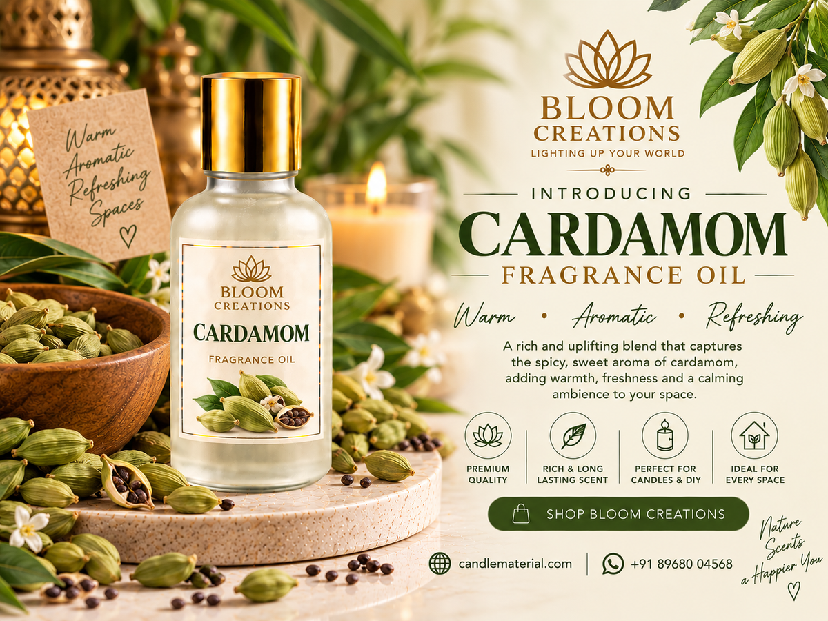 Bloom Creations Cardamom Fragrance Oil promotional banner with a gold-capped bottle, green cardamom pods and candle-making imagery.