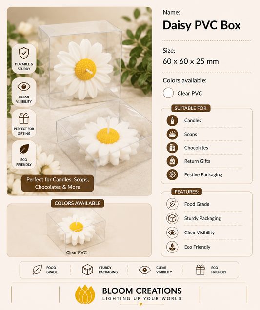 Daisy PVC Box – Clear PVC packaging for candles and gifting, 60x60x25mm