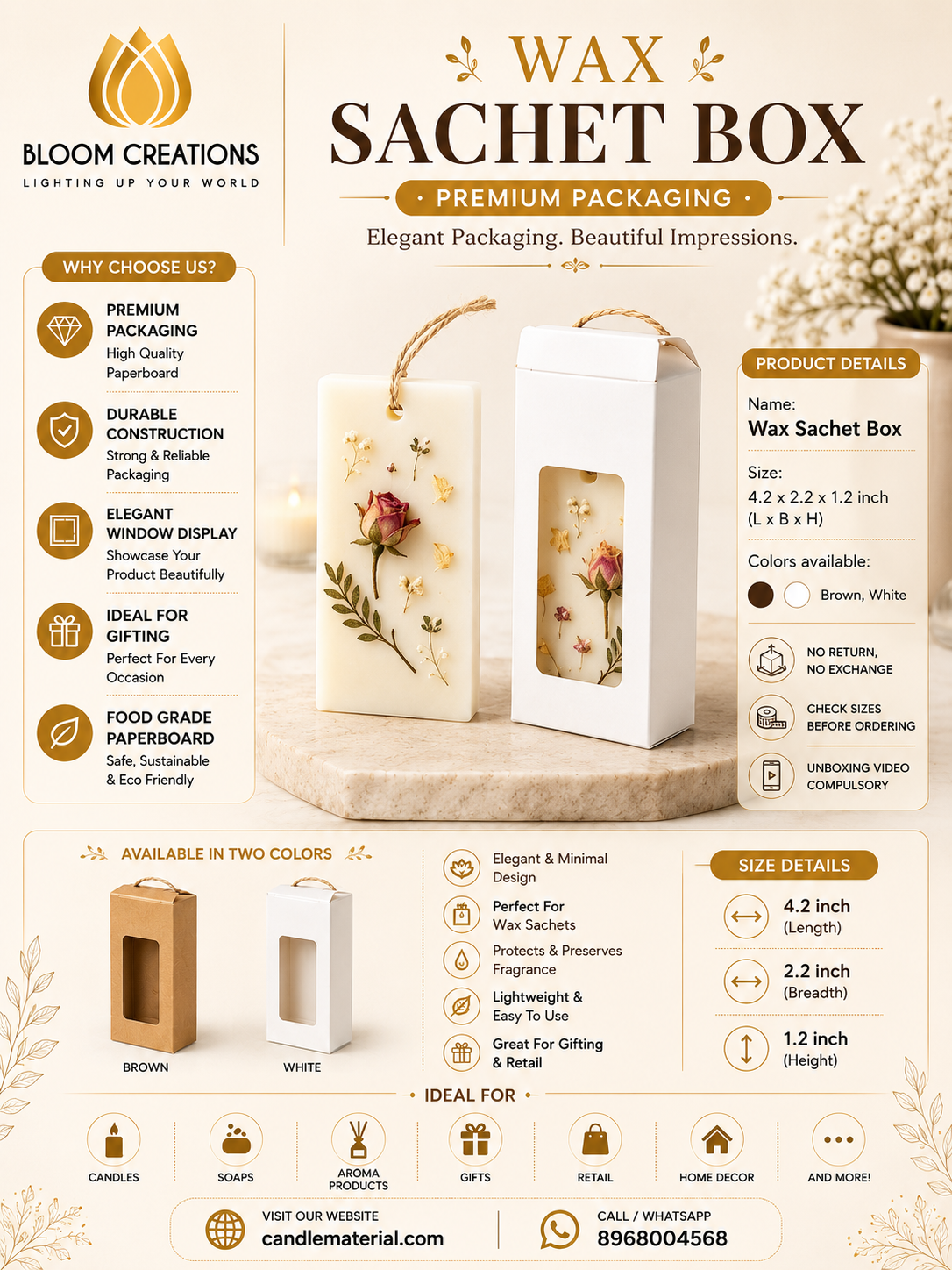 Wax Sachet Box – Premium Window Packaging for Wax Sachets | Brown & White
