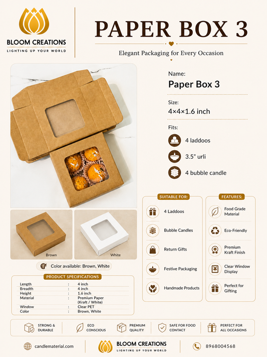 Paper Box 3 – Kraft Window Box for Ladoos, Bubble Candles & Gifts | Brown & White