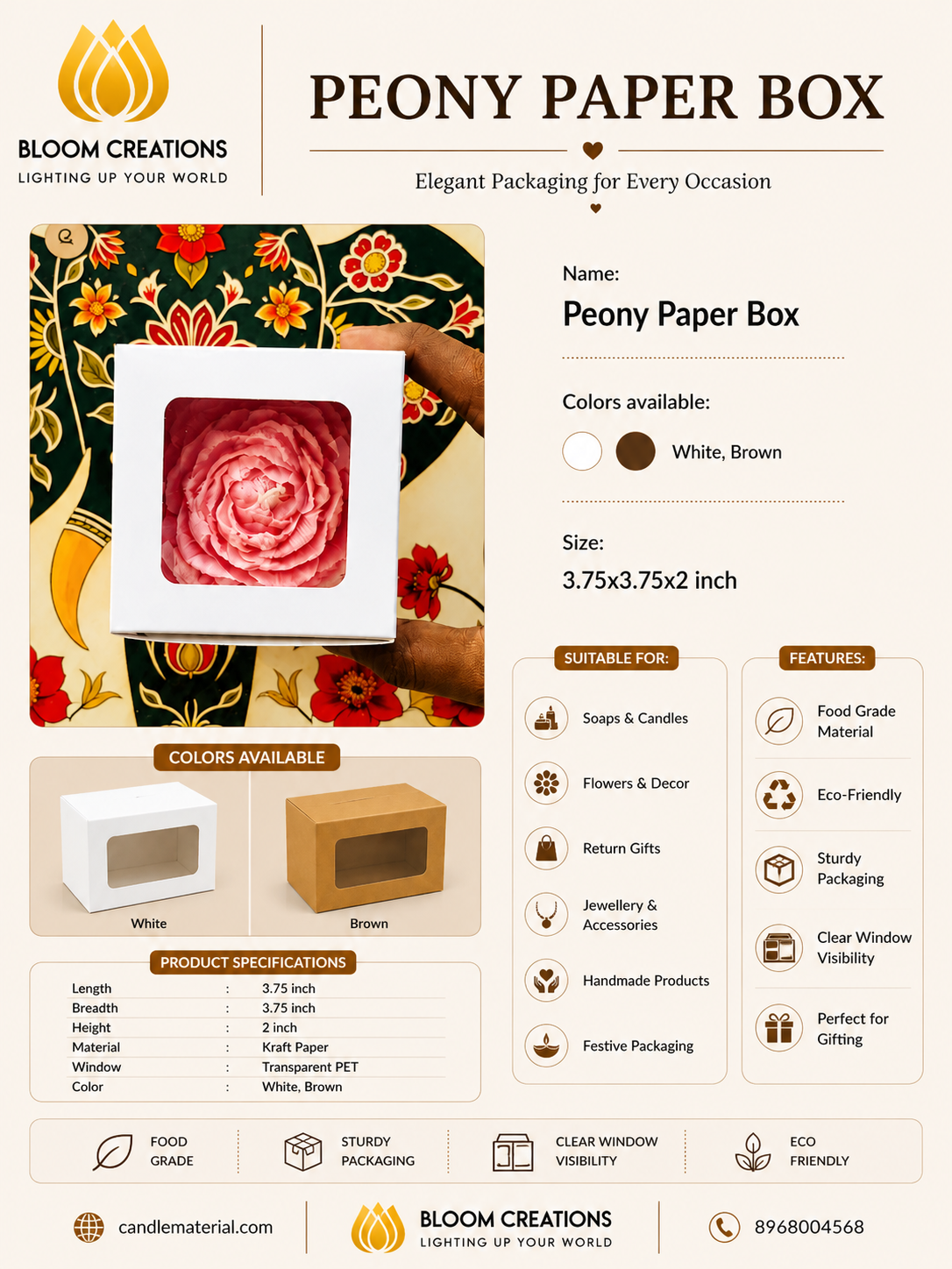 Peony Paper Box – Kraft Window Packaging for Candles, Soaps & Gifts | Brown & White