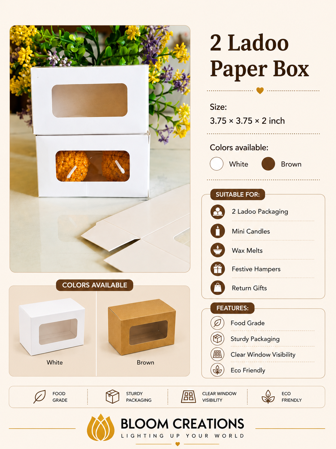 2 Ladoo Paper Box – Kraft Window Packaging for Ladoos, Mini Candles & Wax Melts | Brown & White