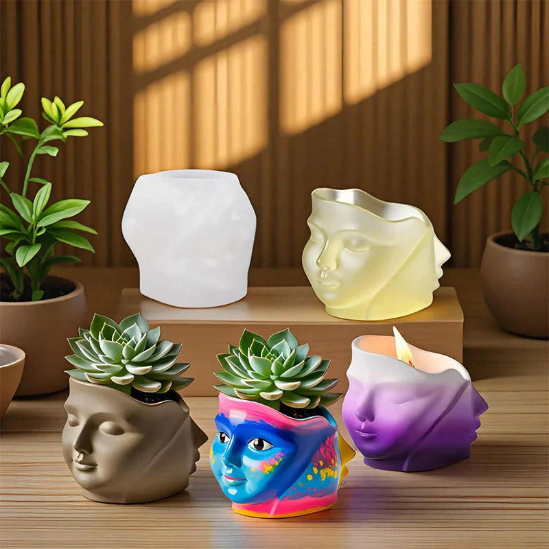 Abstract face silicone mold 10cm — dual profile candle, planter, and pottery ornament