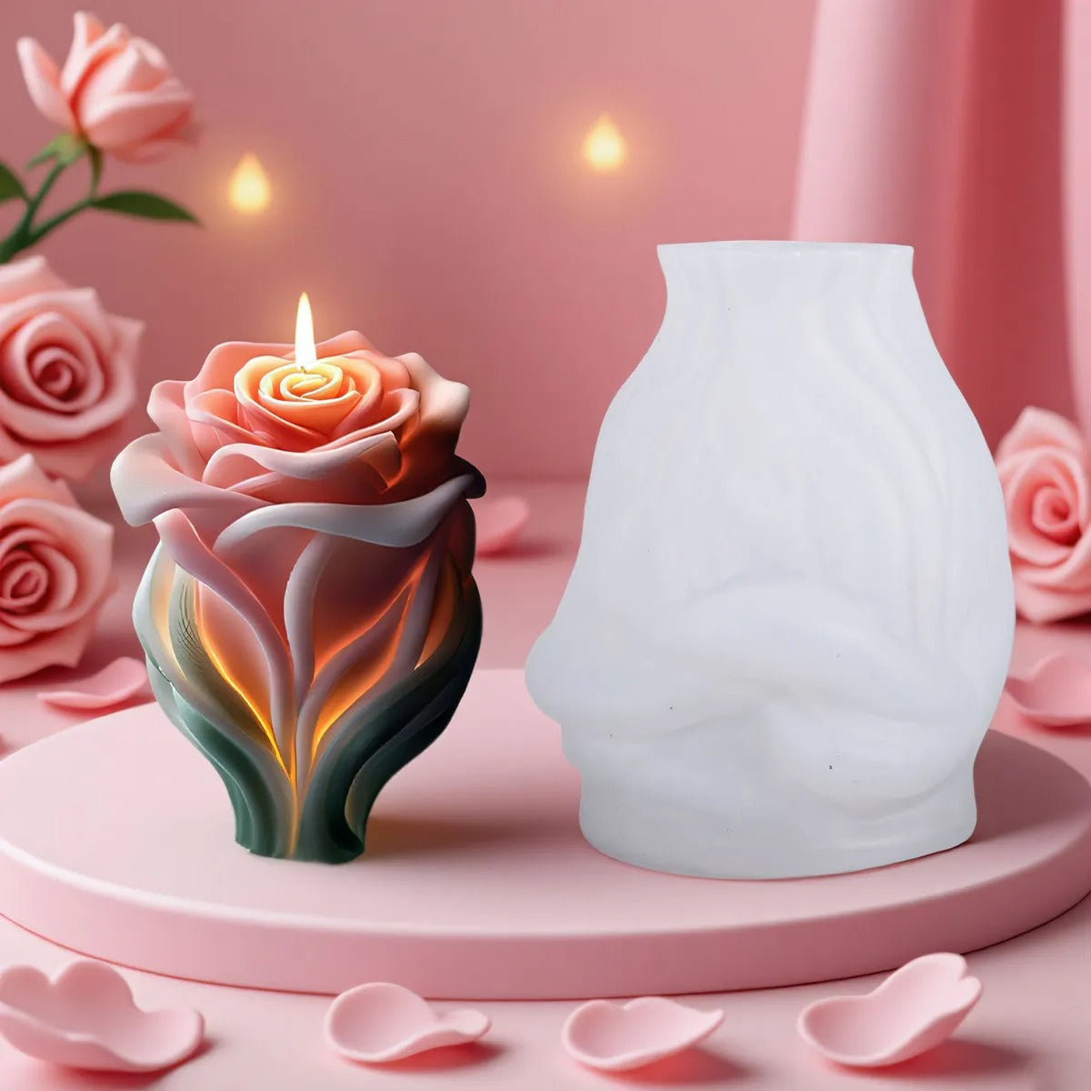 Enchanted rose bouquet silicone candle mold 9.6cm — 3D layered floral wax and soap mold