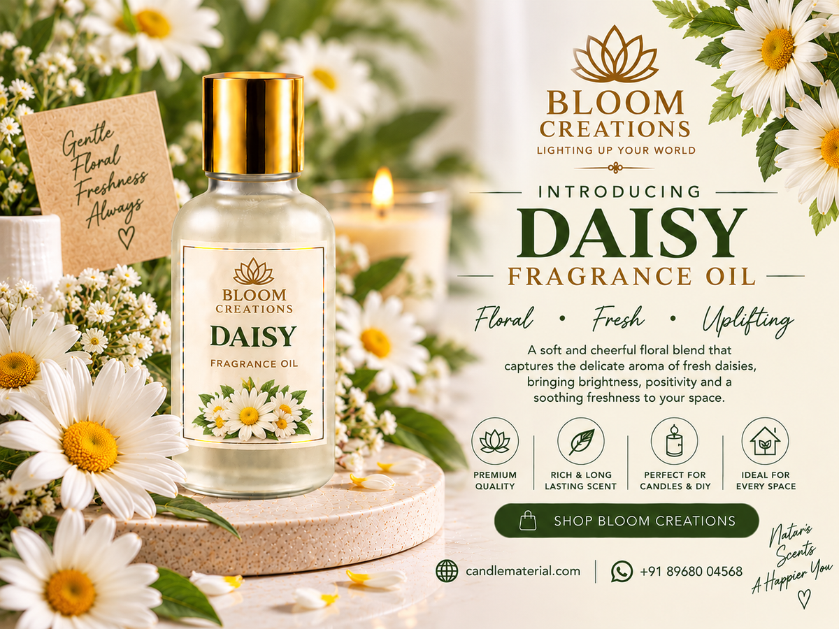 Bloom Creations Daisy Fragrance Oil promotional banner featuring a gold-capped bottle surrounded by white daisies and a candle.