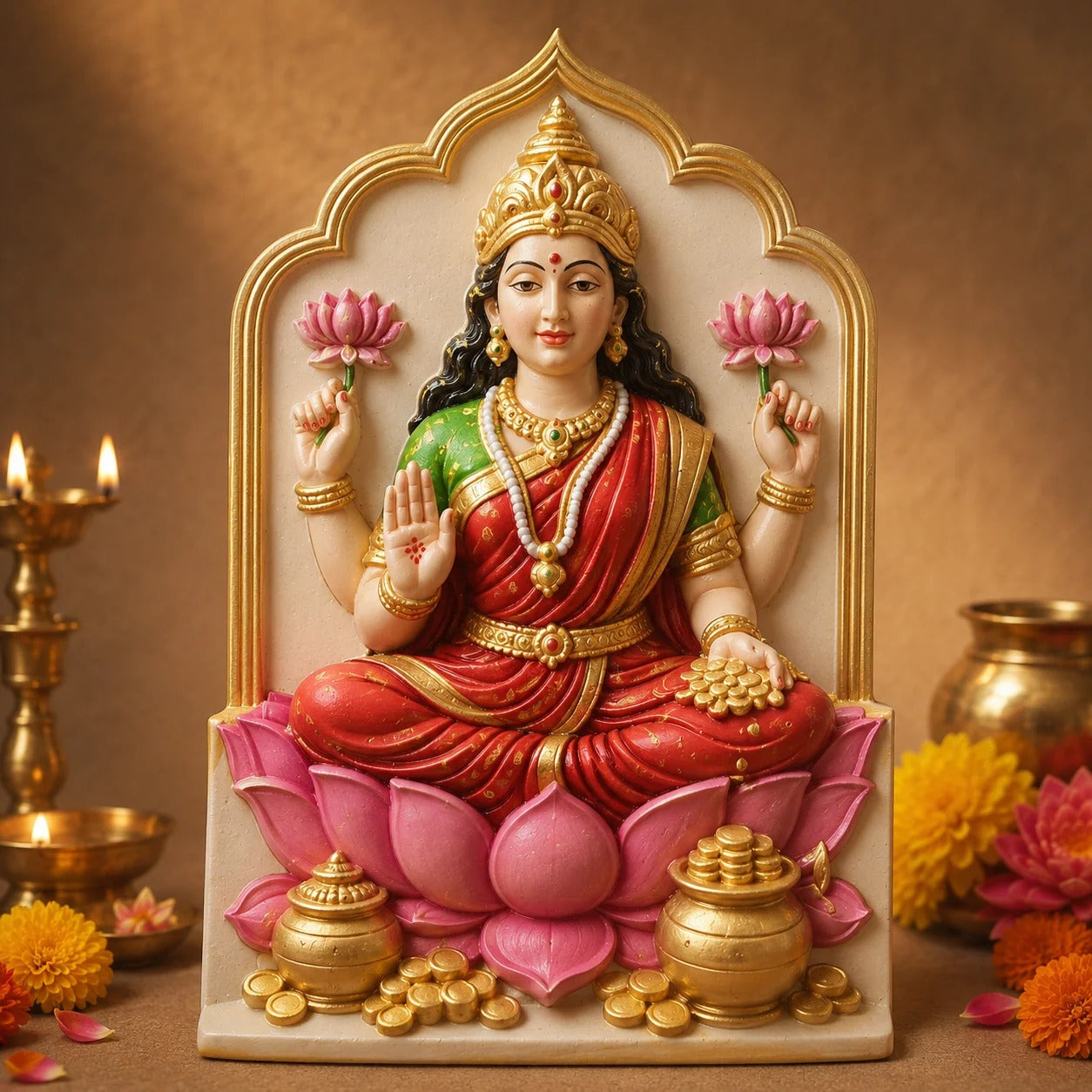 Coloured Goddess Lakshmi candle cast in red green and gold, made using silicone mould