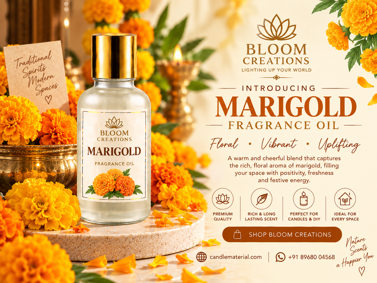 Bloom Creations Marigold Fragrance Oil bottle surrounded by yellow and orange marigolds in a festive promotional image