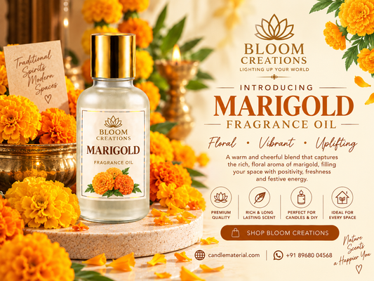 Bloom Creations Marigold Fragrance Oil bottle surrounded by yellow and orange marigolds in a festive promotional image