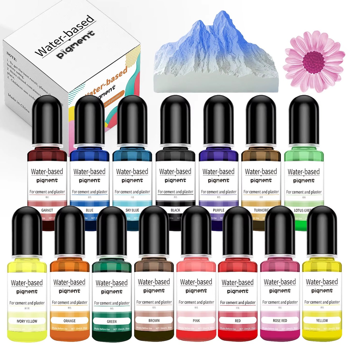 Water-based pigment set of 15 colors - 10ml bottles for cement and plaster