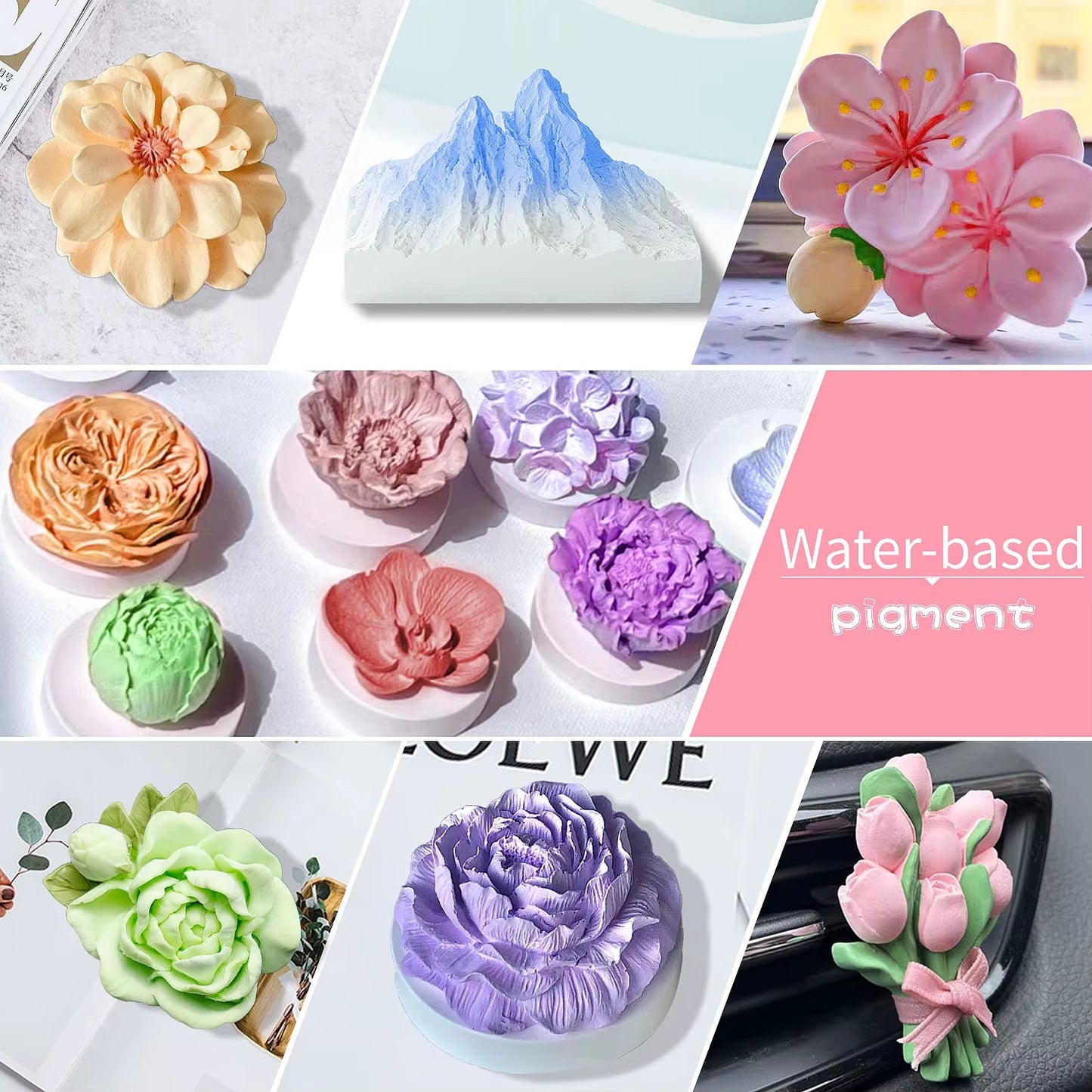 Water-based pigment set showing all 15 colors including green, orange, red, black