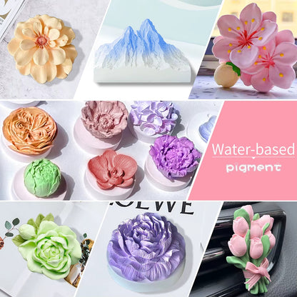 Water-based pigment set showing all 15 colors including green, orange, red, black