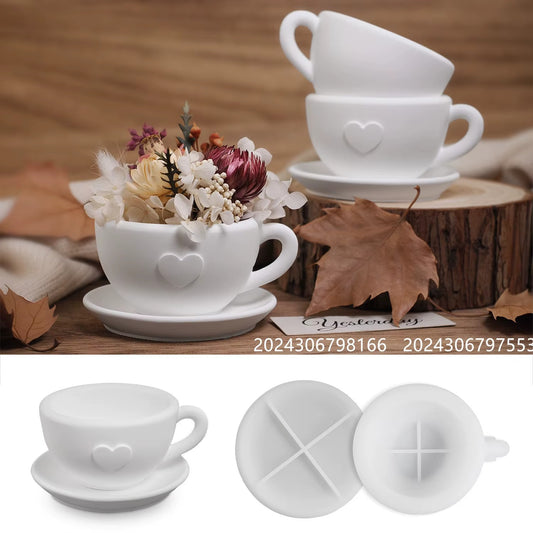 Tea Cup & Saucer Candle Silicone Mould – Heart Detail with Metal Clamp