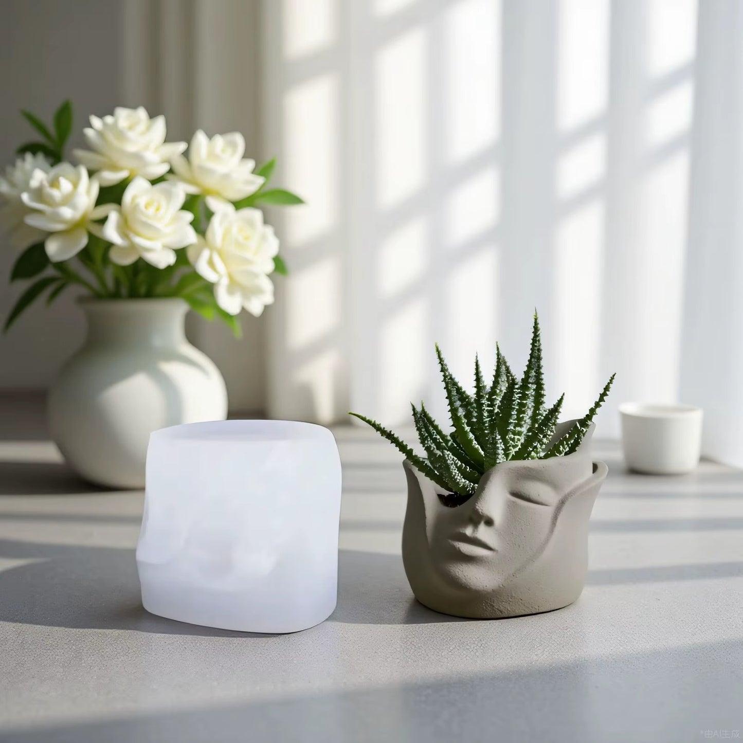 Abstract face silicone mold 9cm — wavy profile candle wax planter brush holder