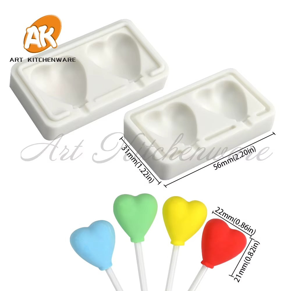 Supplier-branded dimension guide for the mini heart lollipop mould and colourful sample hearts