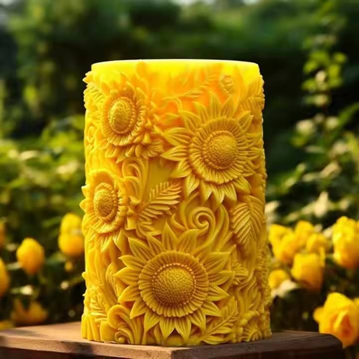 Sunflower Pillar Silicone Candle Mould – Embossed Flower Cylindrical Scented Candle Mould (Style 2)