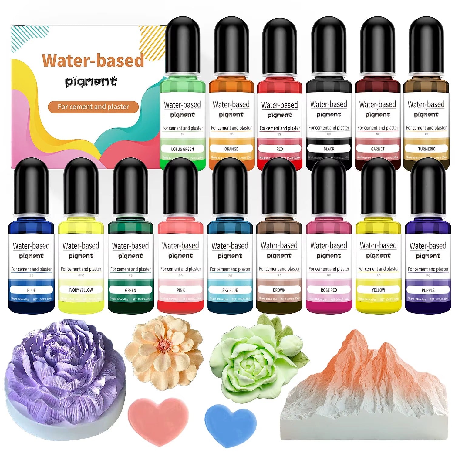Water-based pigment 15-color set with craft examples