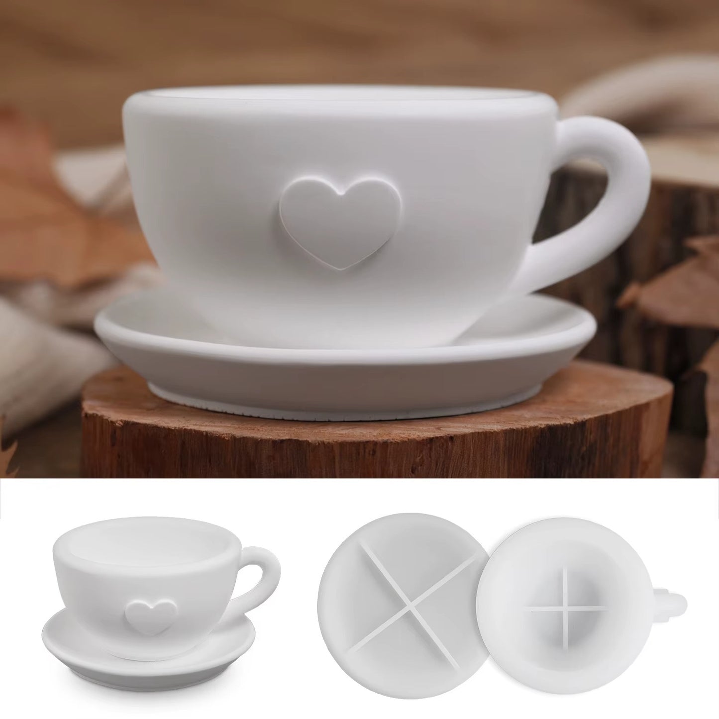 Tea Cup & Saucer Candle Silicone Mould – Heart Detail with Metal Clamp