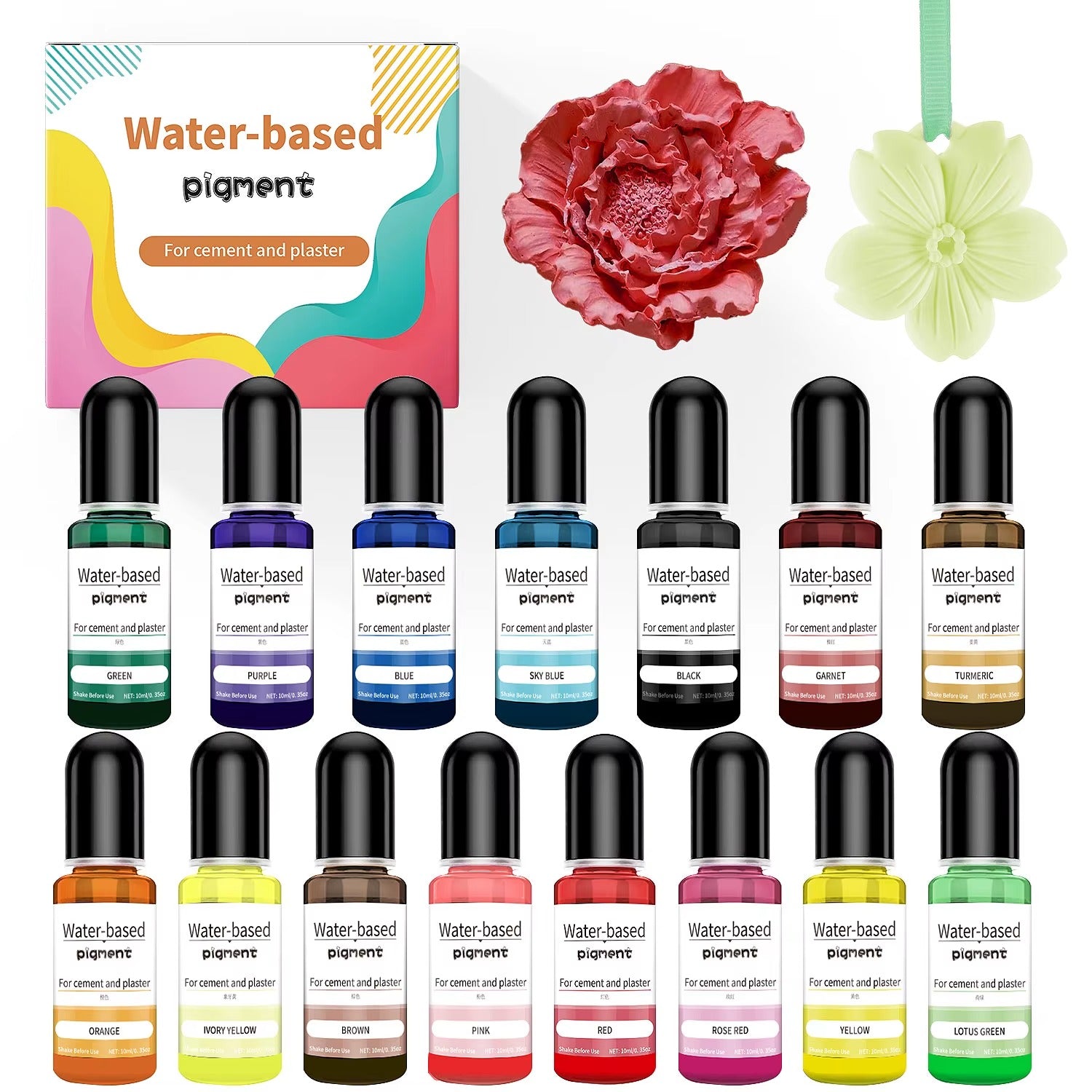 Plaster and cement craft examples using water-based pigments
