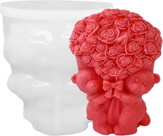 Teddy bear with rose bouquet silicone candle mold for wax, soap, and resin gifting