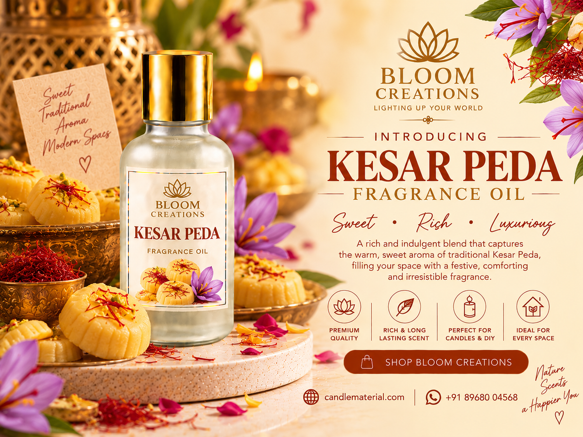 Bloom Creations Kesar Peda Fragrance Oil promotional banner featuring a gold-capped bottle, Indian sweets, saffron-inspired styling and purple flowers.