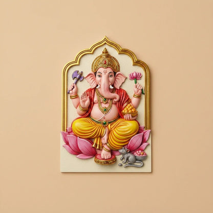 Coloured Lord Ganesha candle cast in pink red and gold with arched gold frame, made using silicone mould