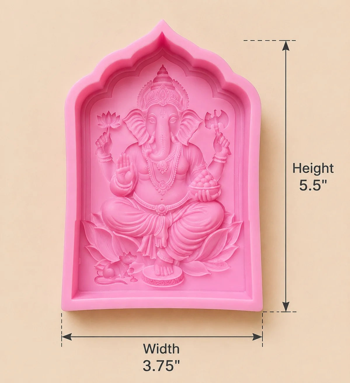 Pink Lord Ganesha silicone candle mould with size dimensions 5.5 inch height 3.75 inch width