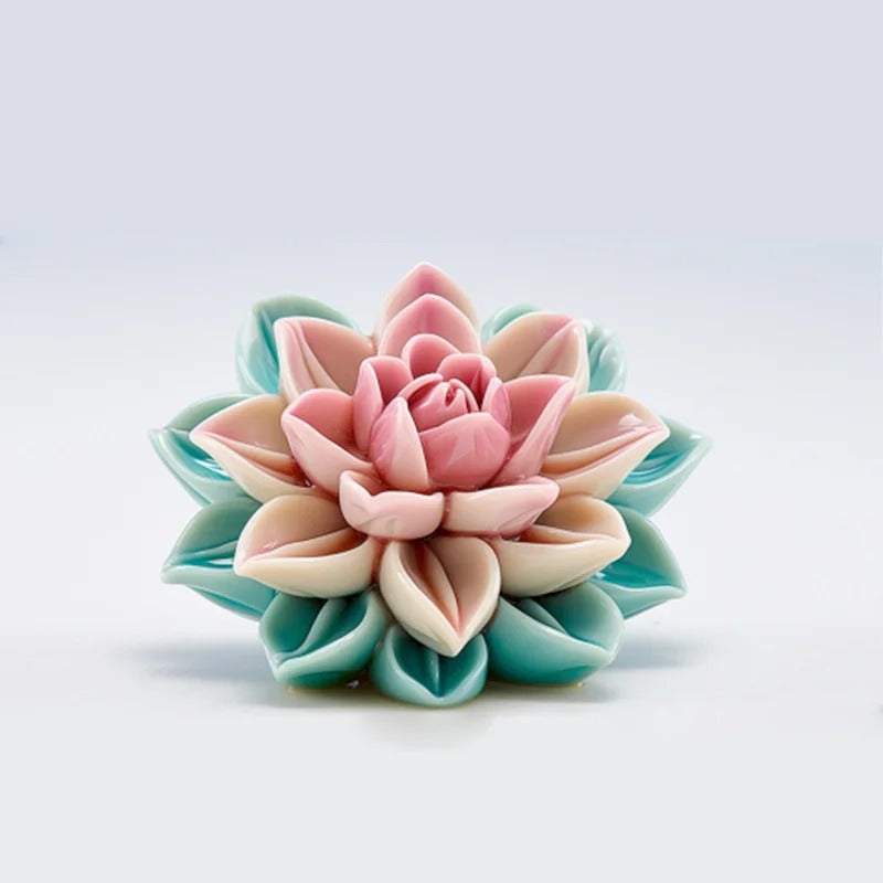 ZL-137 Blooming Lotus silicone candle mould with finished lotus candle sample showing dimensions