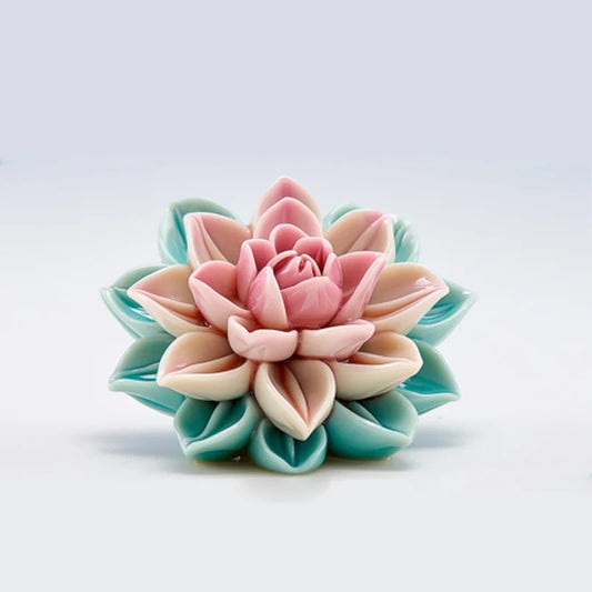 ZL-137 Blooming Lotus silicone candle mould with finished lotus candle sample showing dimensions