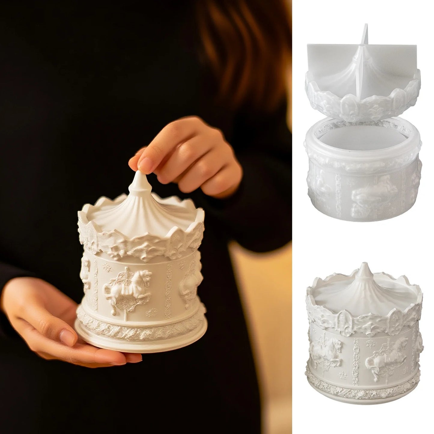 Bloom Creations Carousel Jewelry Box, White Resin Decorative Trinket Storage Organizer with Intricate Horse Design, Vanity Table Home Decor Accent for Rings, Earrings, Necklaces, and Small Keepsakes,
